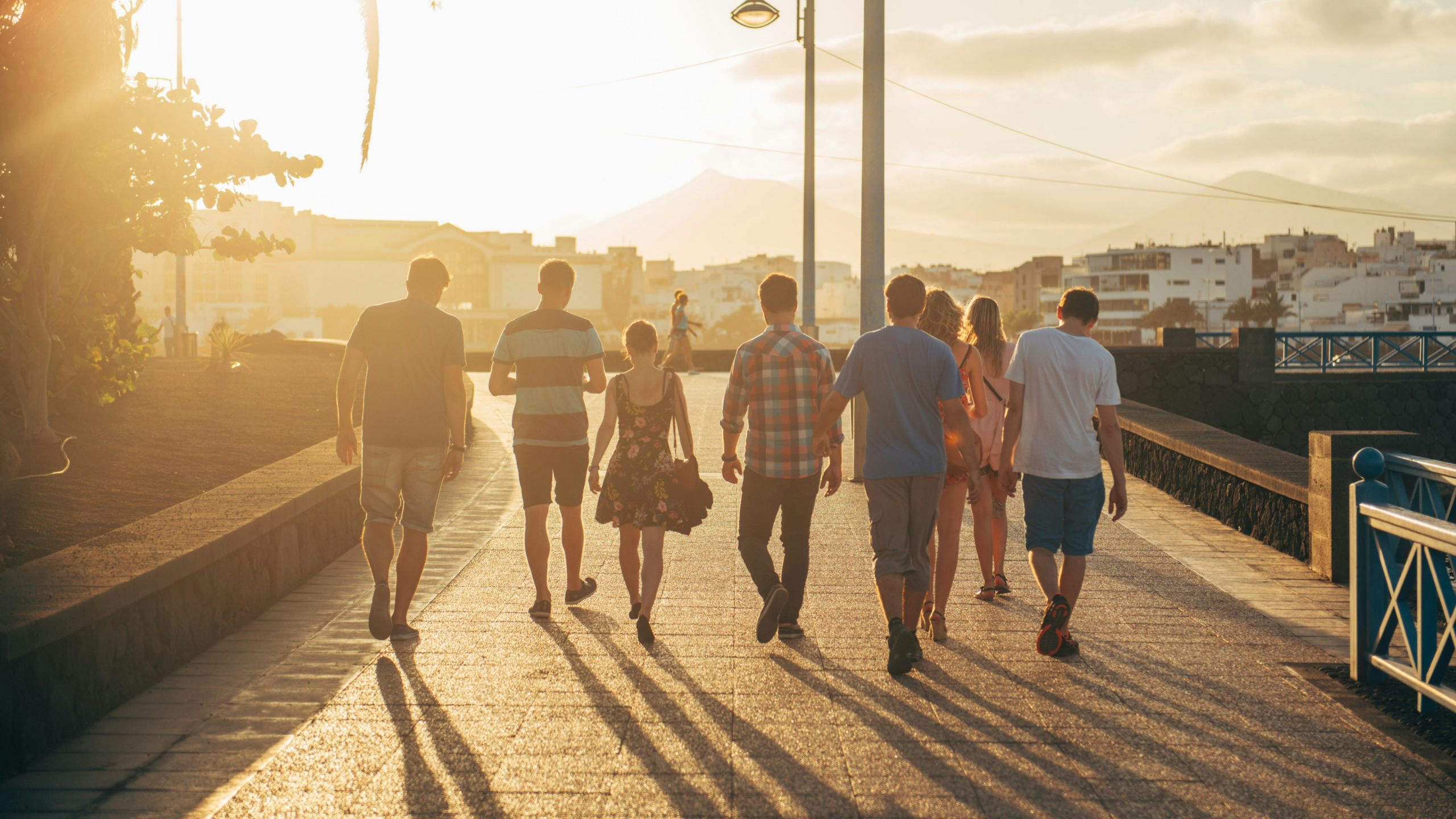 Group walking together in warm evening light